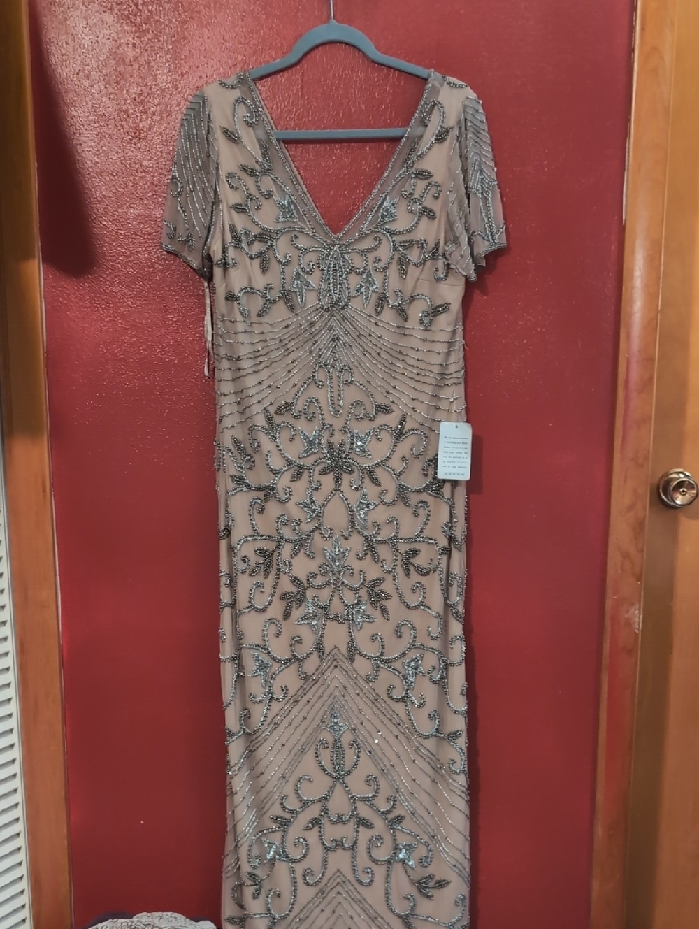 Pisarro Nights Nude Beaded V-Neck Maxi Dress